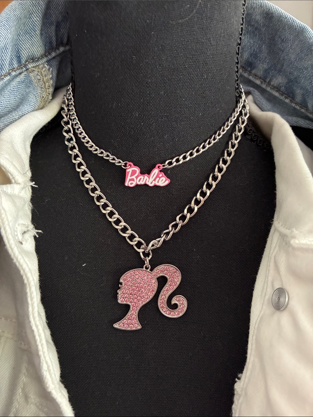 Barbie Pink Logo and Pink Rhinestone Silhouette Double Chain Necklace